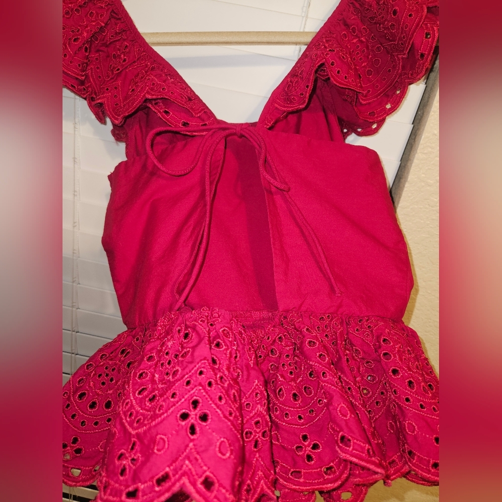 Express Red Eyelet Ruffle Blouse - Picture 3 of 4